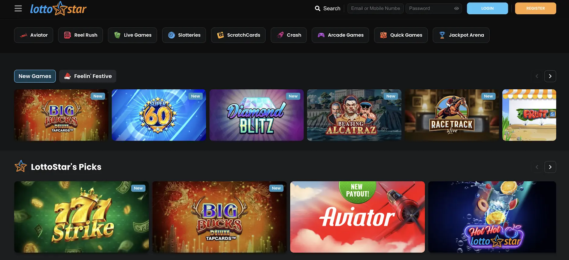 LottoStar Africa - Official online casino homepage interface